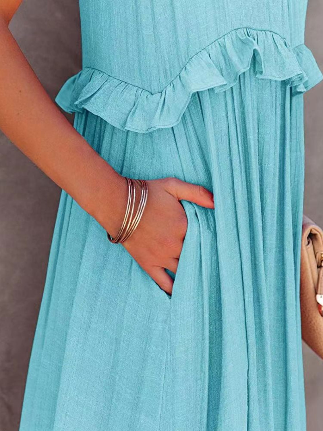 Ruffled Sleeveless Tiered Maxi Dress with Pockets - Shimmervee