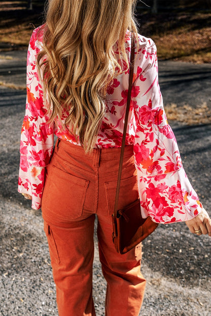 Floral Flare Sleeve Button Up V-Neck Bodysuit - Shimmervee