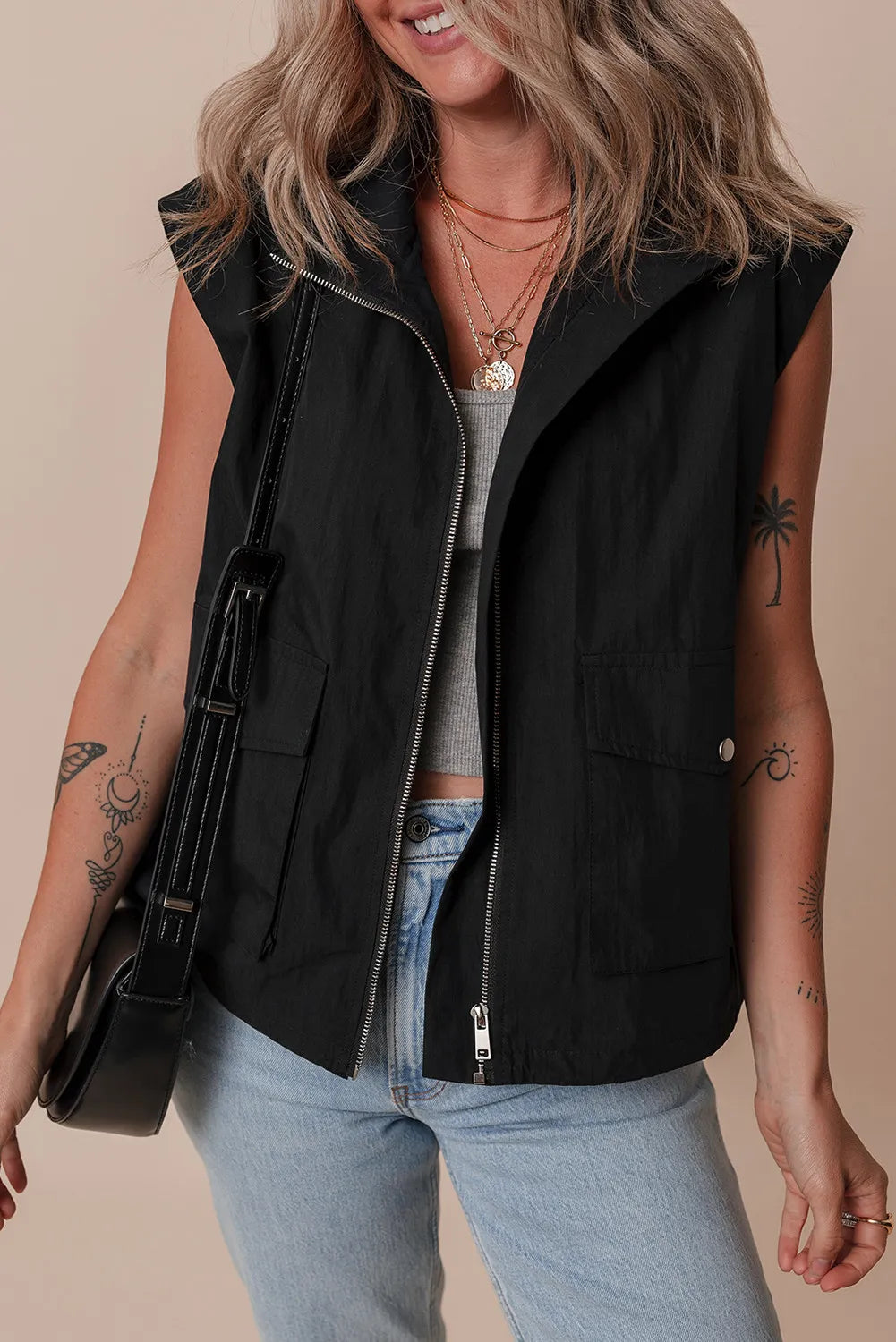 Pocketed Zip Up Vest Coat