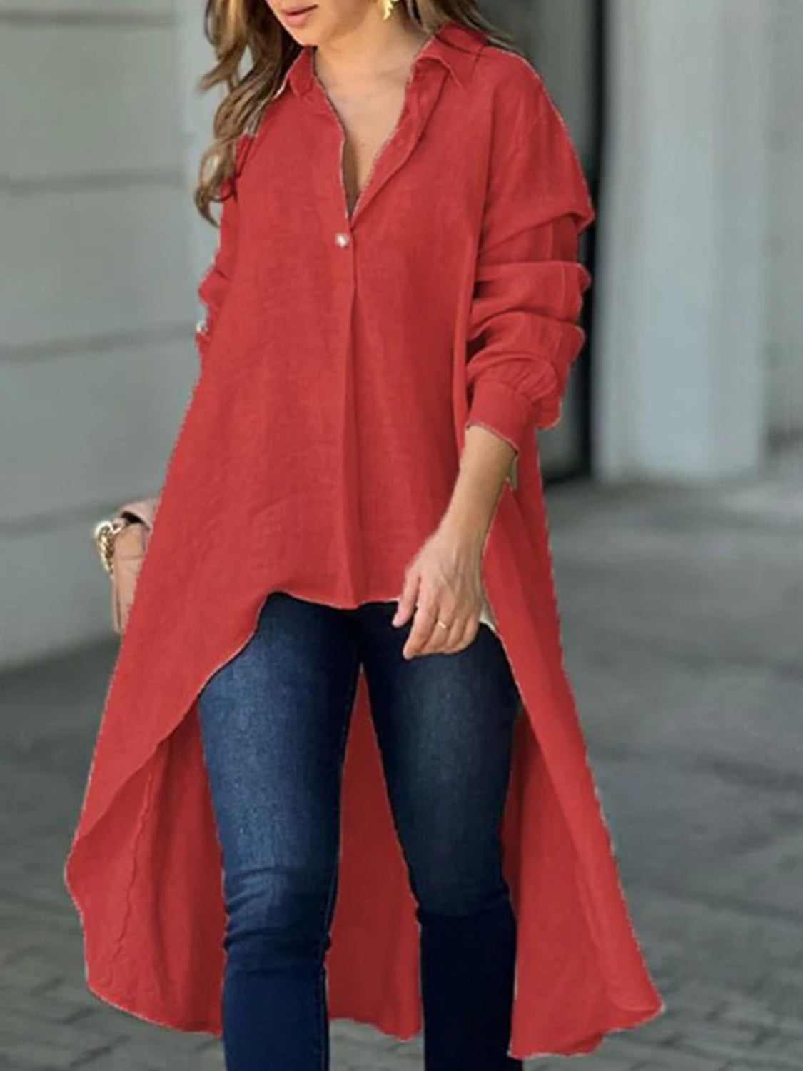 Full Size High-Low Collared Neck Long Sleeve Shirt - Shimmervee