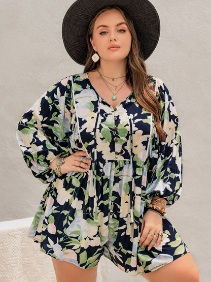 Plus Size Tied Printed Long Sleeve Romper - Shimmervee