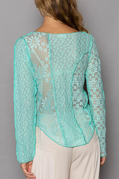 POL Exposed Seam Long Sleeve Lace Knit Top - Shimmervee