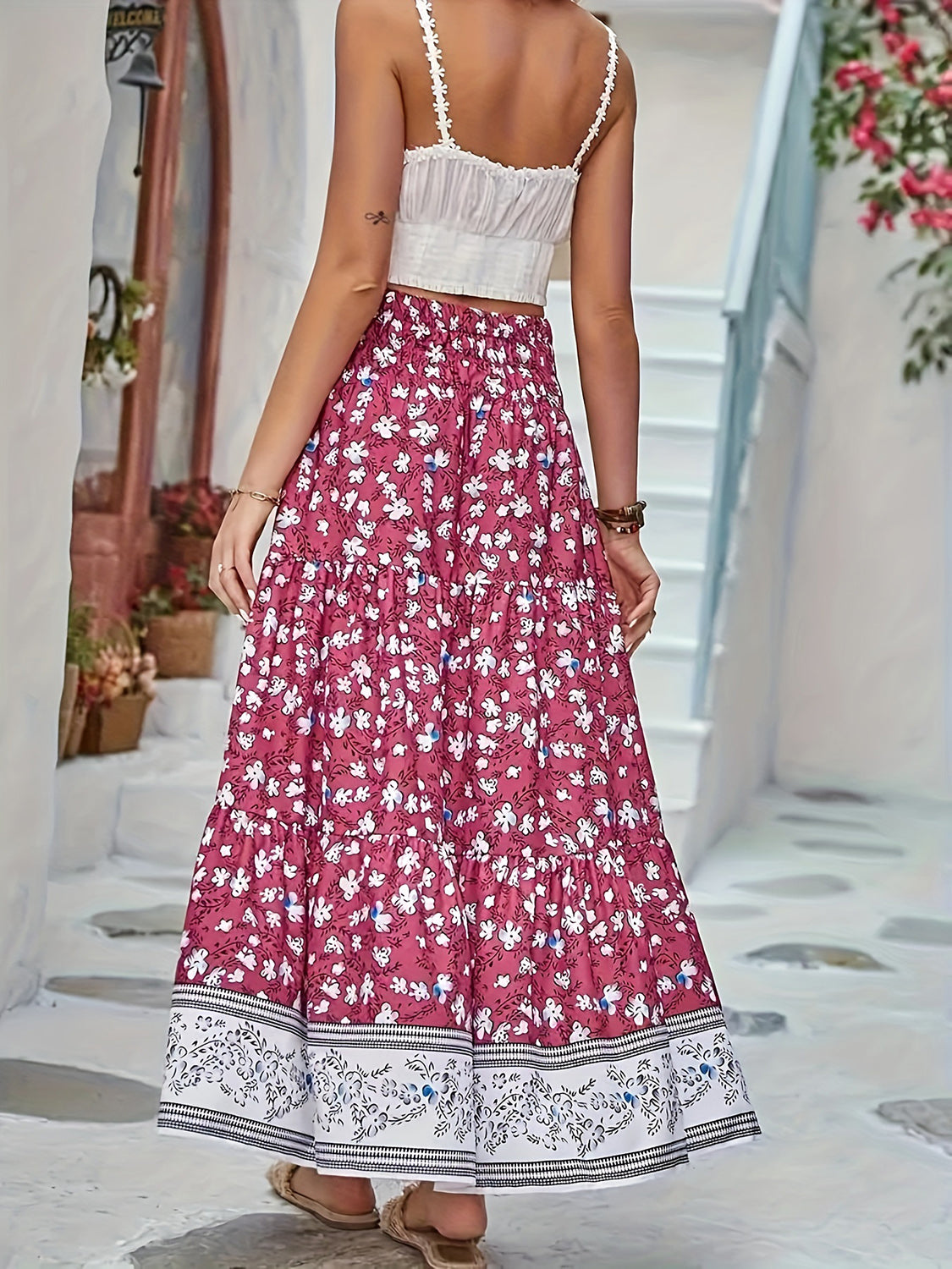 Full Size Tiered Printed Elastic Waist Skirt - Shimmervee