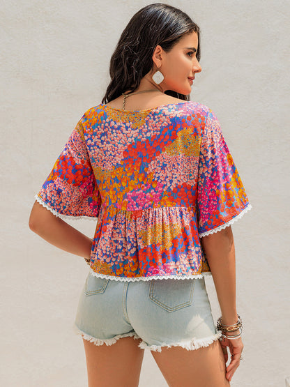 Ruched Printed Half Sleeve Blouse - Shimmervee