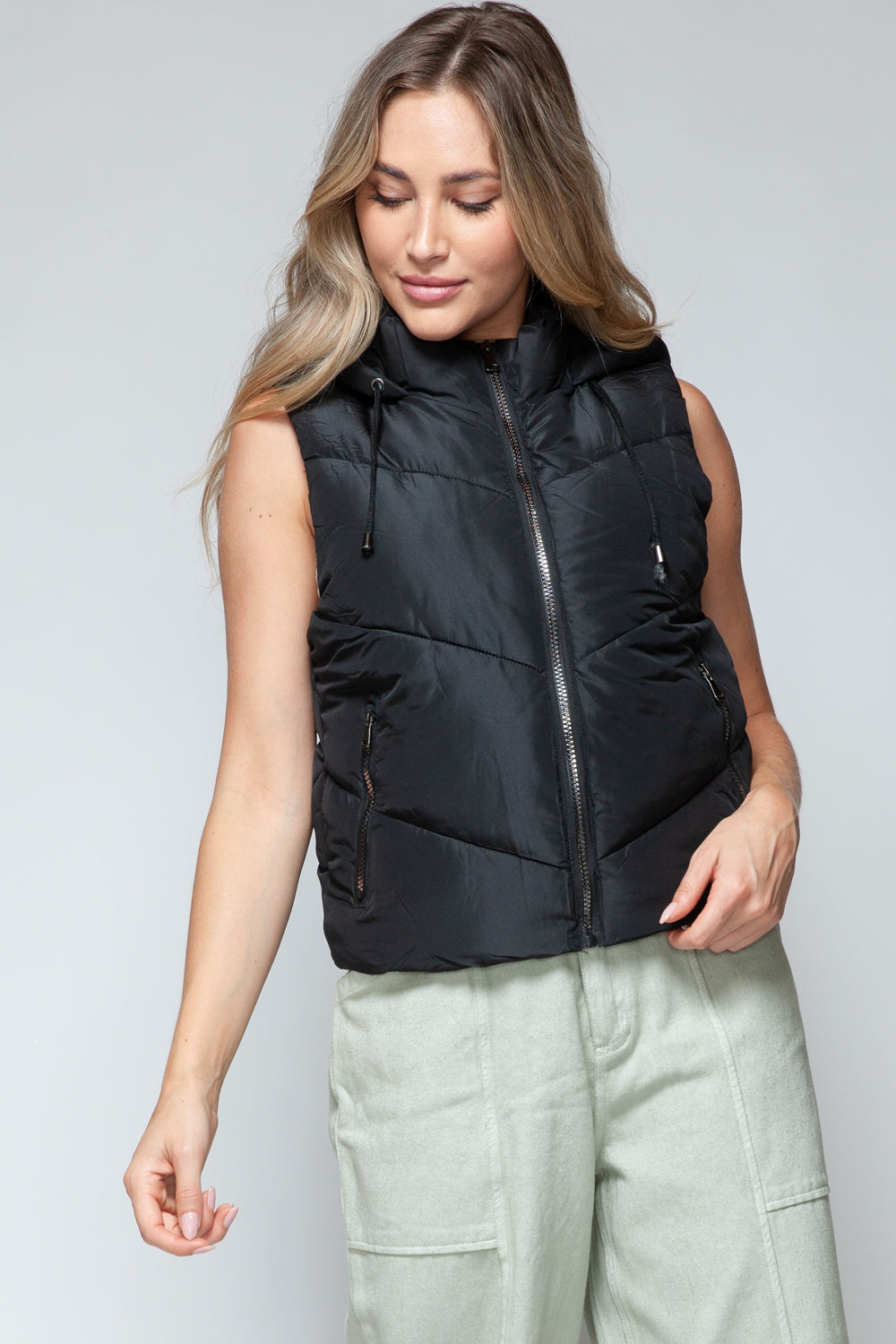 Snobbish Zip Up Quilted Hooded Vest - Shimmervee