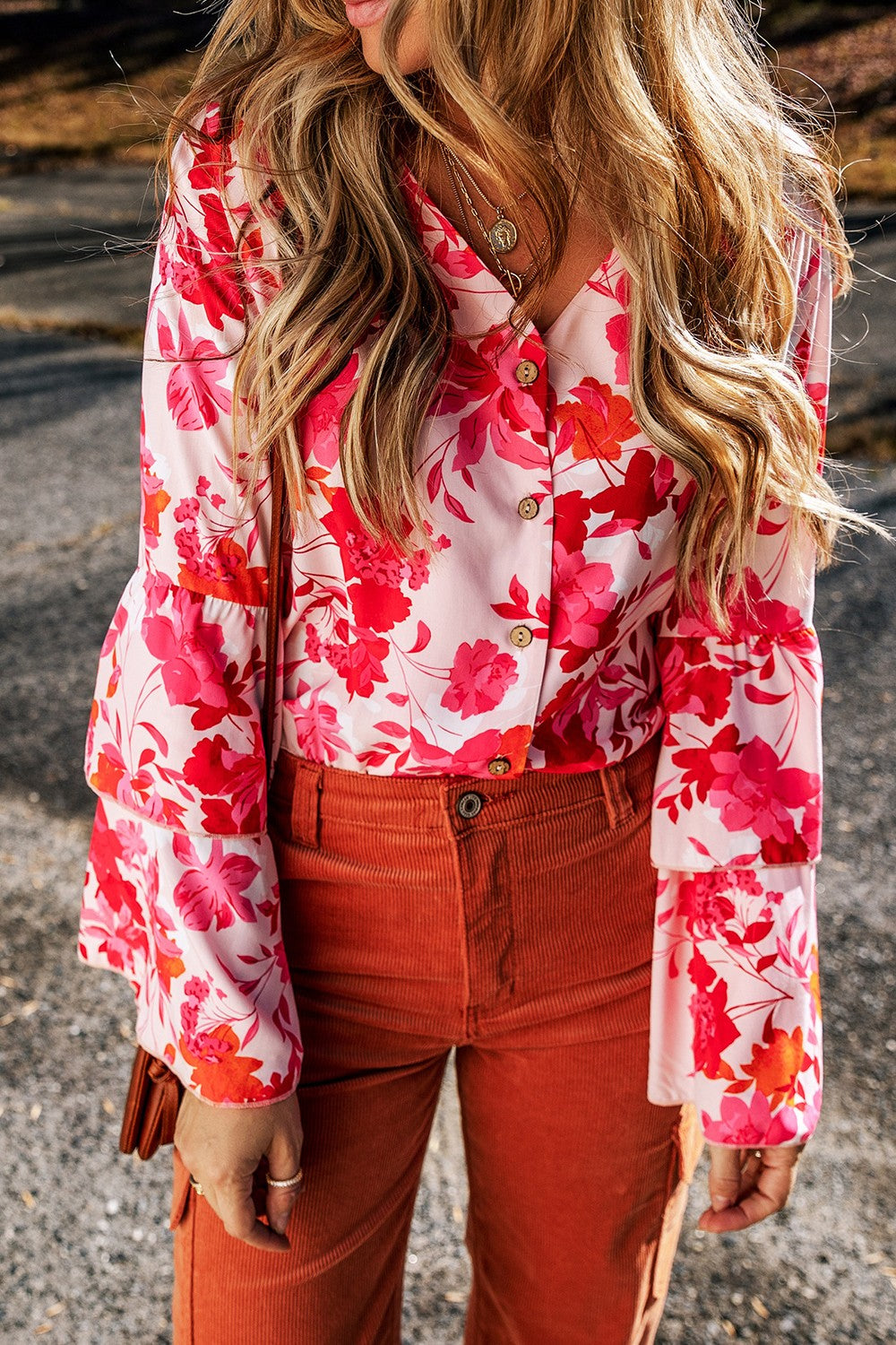 Floral Flare Sleeve Button Up V-Neck Bodysuit - Shimmervee