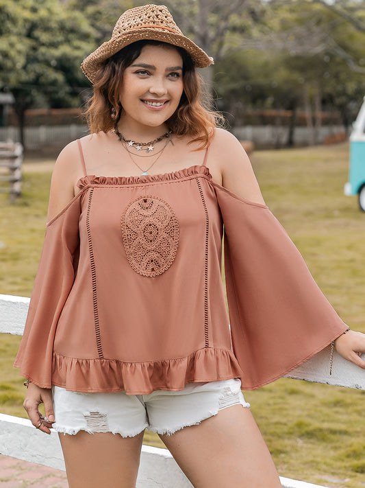 Plus Size Frill Square Neck Long Sleeve Blouse - Shimmervee