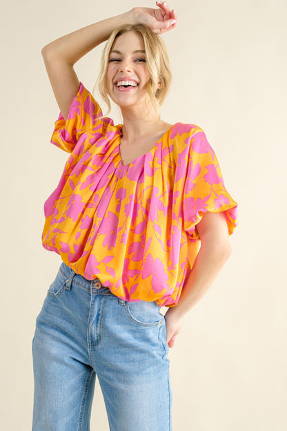 And The Why Full Size Printed Satin Bubble Hem Top - Shimmervee