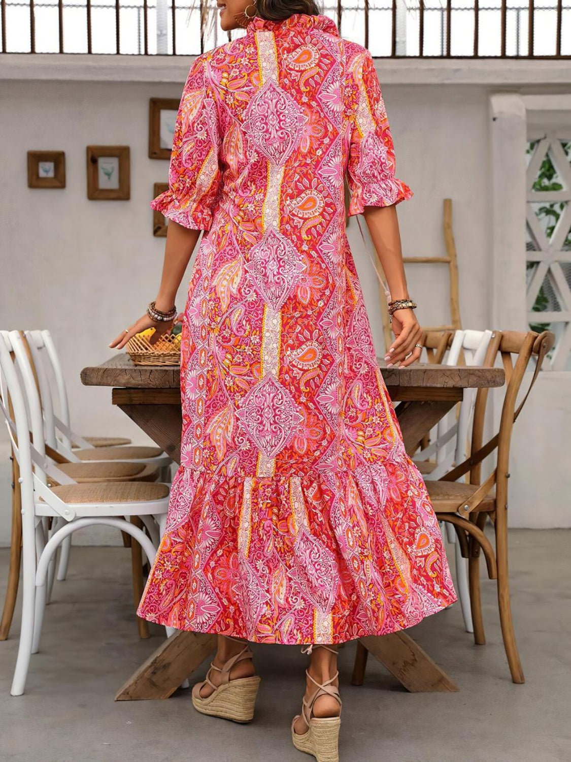 Printed Tie Neck Flounce Sleeve Midi Dress