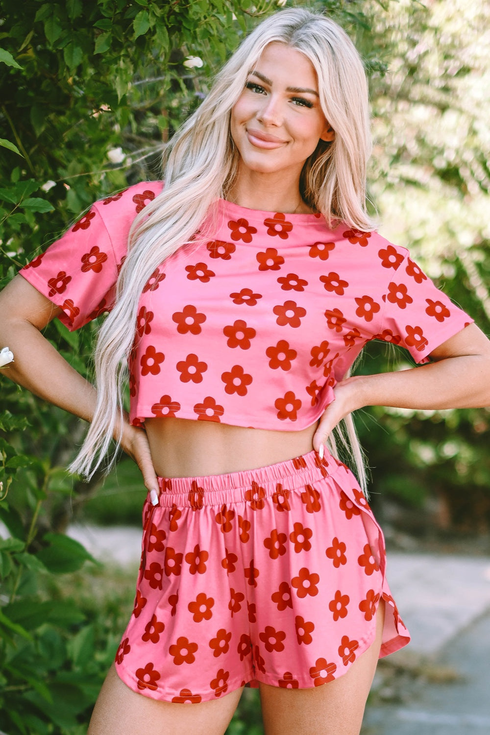 Flower Round Neck Top and Shorts Lounge Set