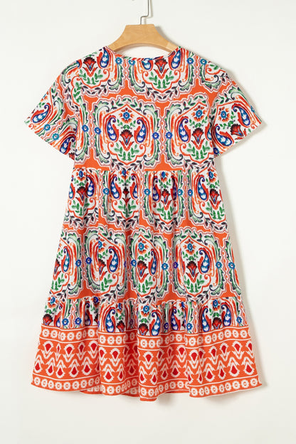 Printed Tie Neck Short Sleeve Dress - Shimmervee