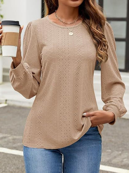 Eyelet Round Neck Long Sleeve Top - Shimmervee