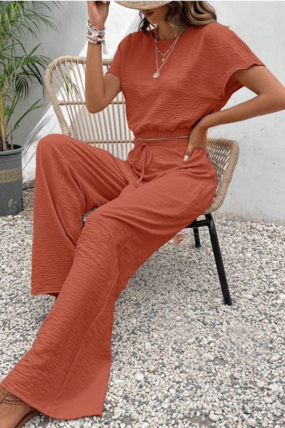 Round Neck Short Sleeve Top and Pants Set - Shimmervee