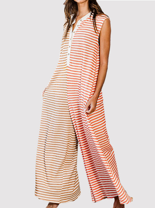 Striped Round Neck Sleeveless Jumpsuit - Shimmervee