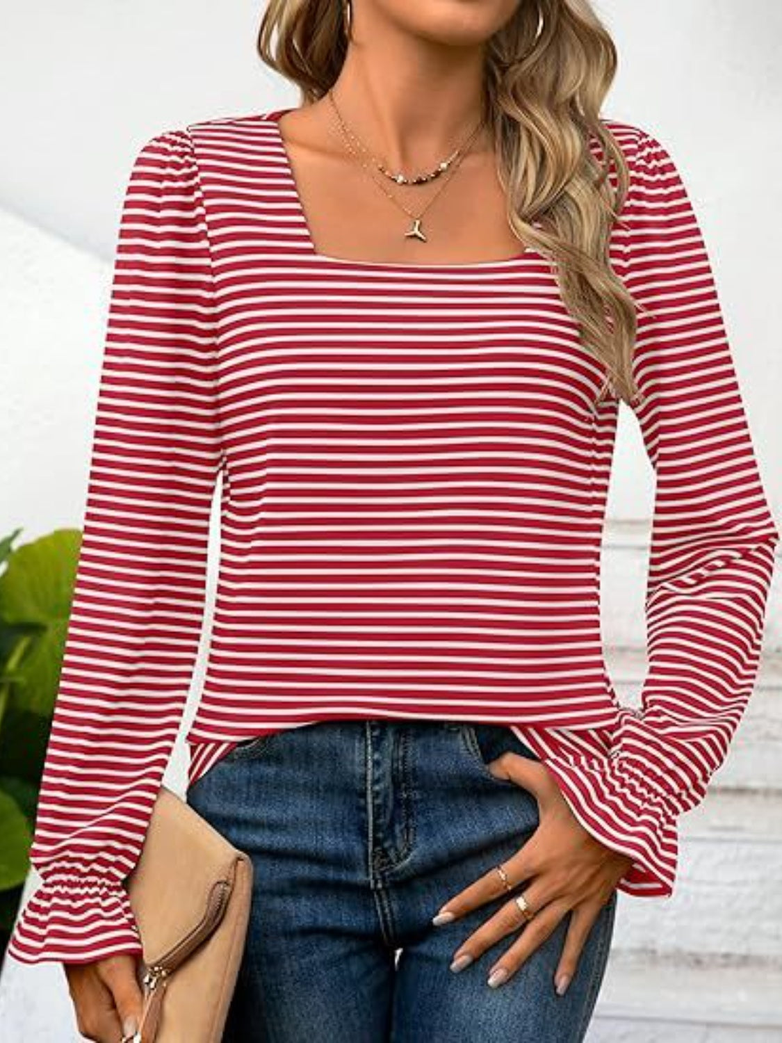 Striped Square Neck Flounce Sleeve Top - Shimmervee