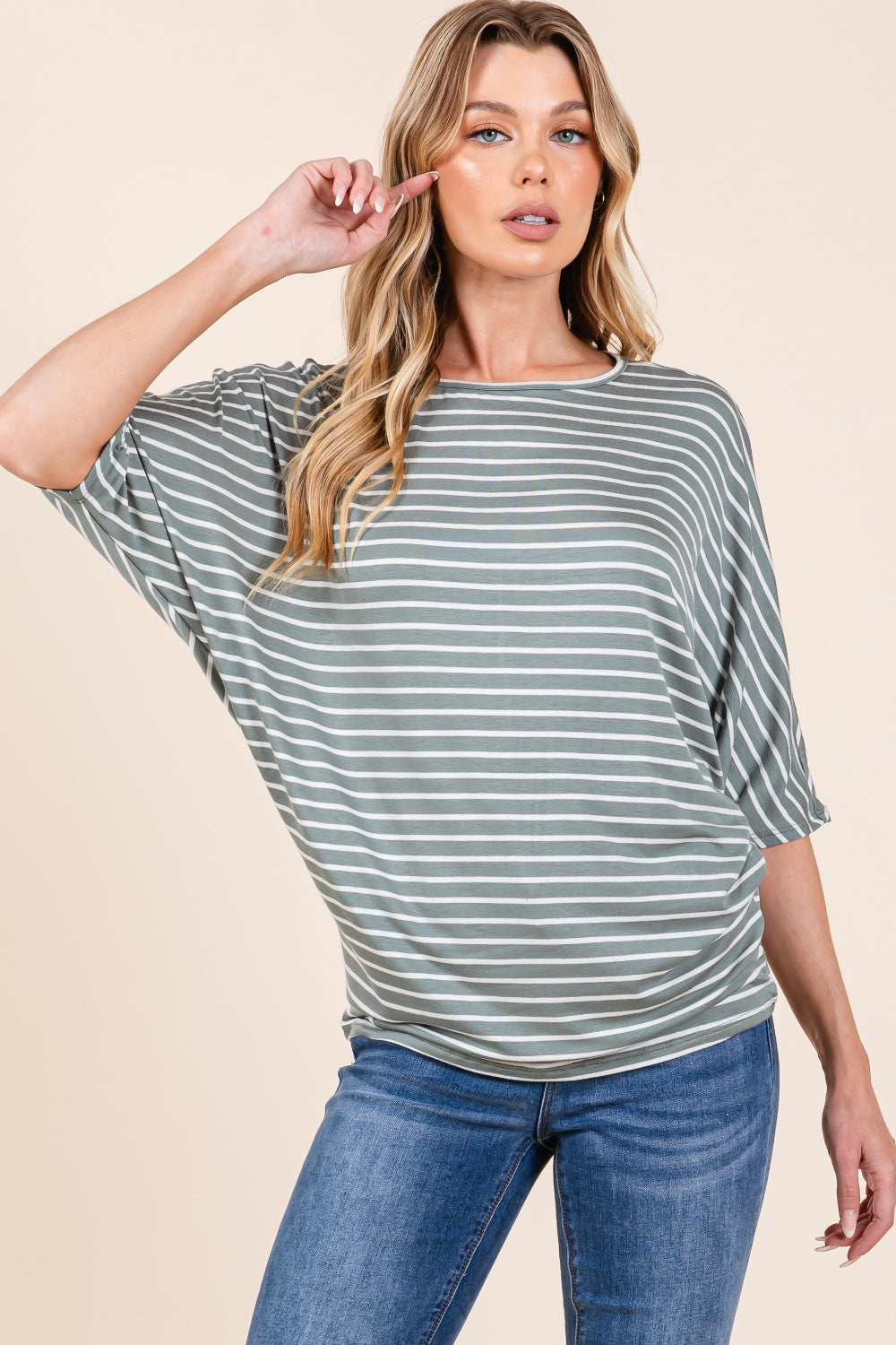 BOMBOM Striped Boat Neck Dolman Sleeve Top - Shimmervee