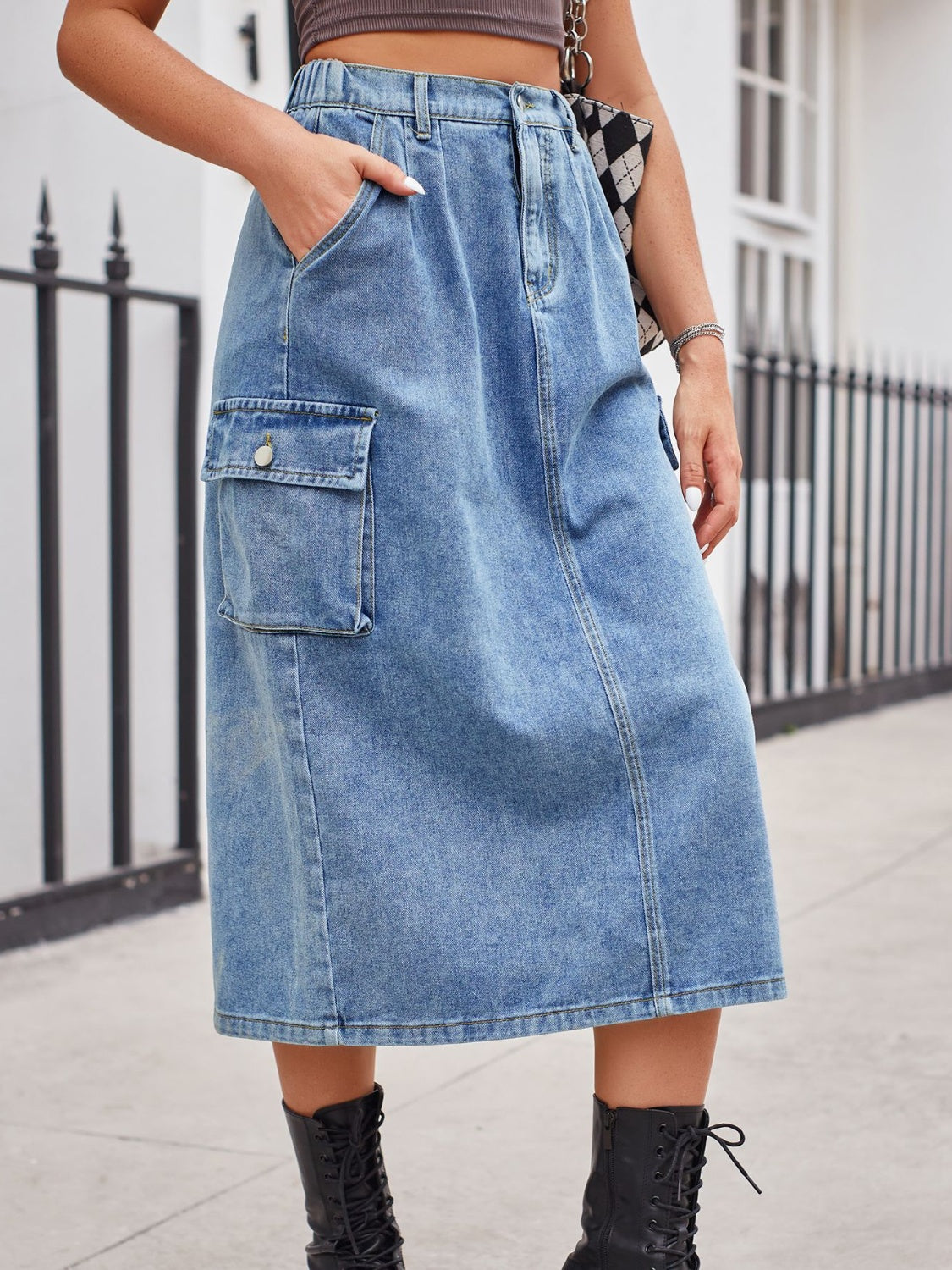 Slit Buttoned Denim Skirt with Pockets - Shimmervee