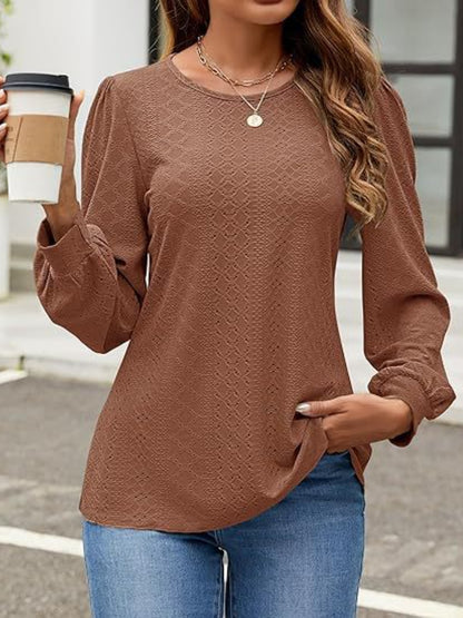 Eyelet Round Neck Long Sleeve Top - Shimmervee