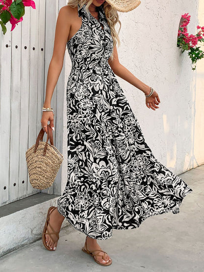 Perfee Backless Smocked Printed Sleeveless Midi Dress