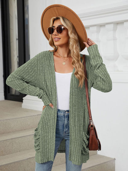 Pocketed Open Front Long Sleeve Cardigan