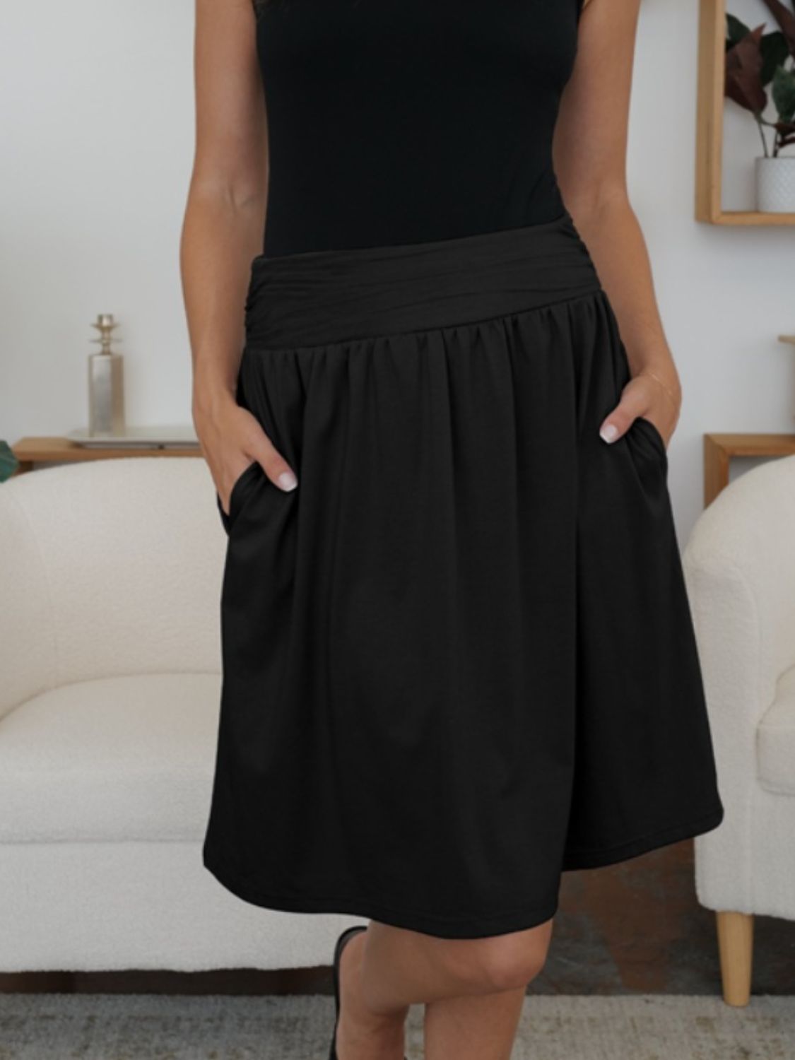 FAM-FAM Elastic Waist Skirt with Pockets - Shimmervee