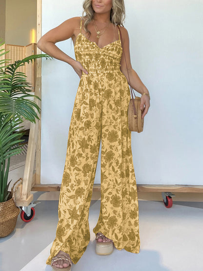 Full Size Printed Spaghetti Strap Wide Leg Jumpsuit - Shimmervee