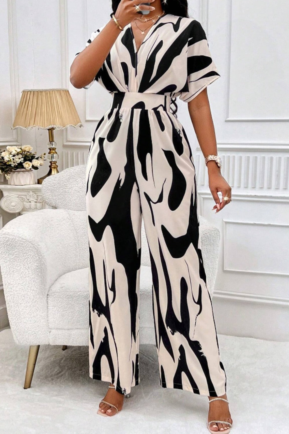 Printed V-Neck Short Sleeve Wide Leg Jumpsuit - Shimmervee