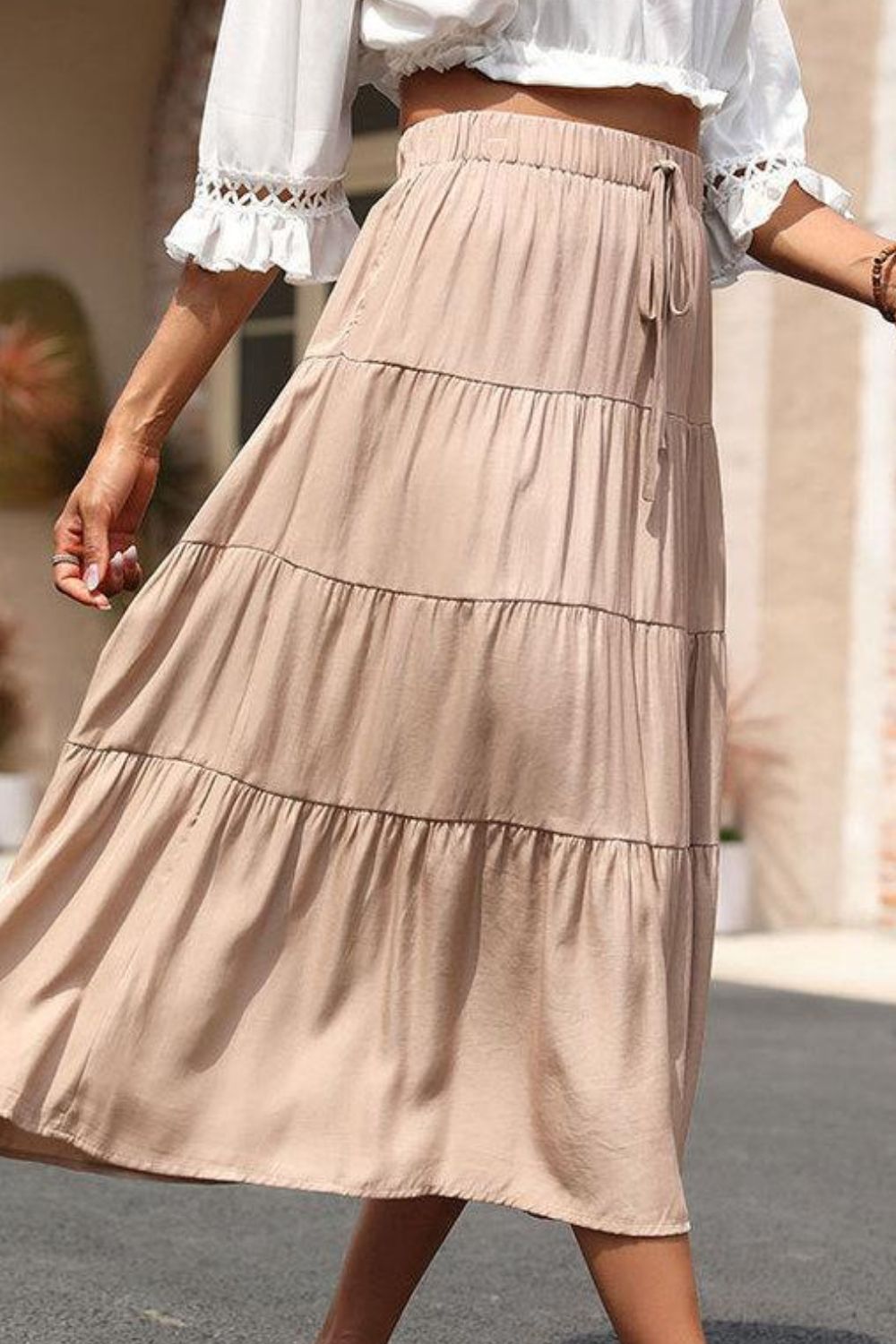 Perfee Elastic Waist Tiered Midi Skirt - Shimmervee