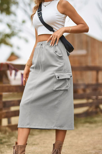 Drawstring Waist Slit Denim Skirt - Shimmervee