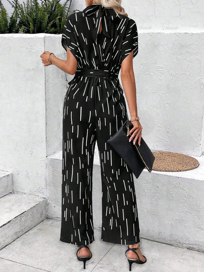 Tied Printed Mock Neck Wide Leg Jumpsuit - Shimmervee