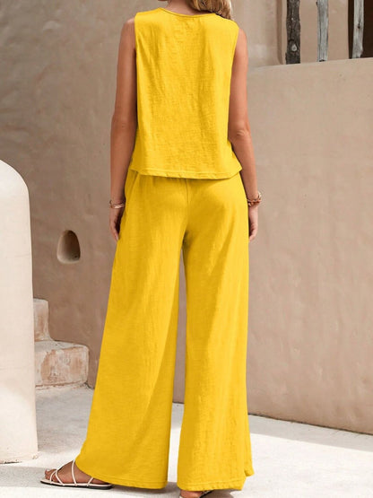 Round Neck Sleeveless Top and Wide Leg Pants Set