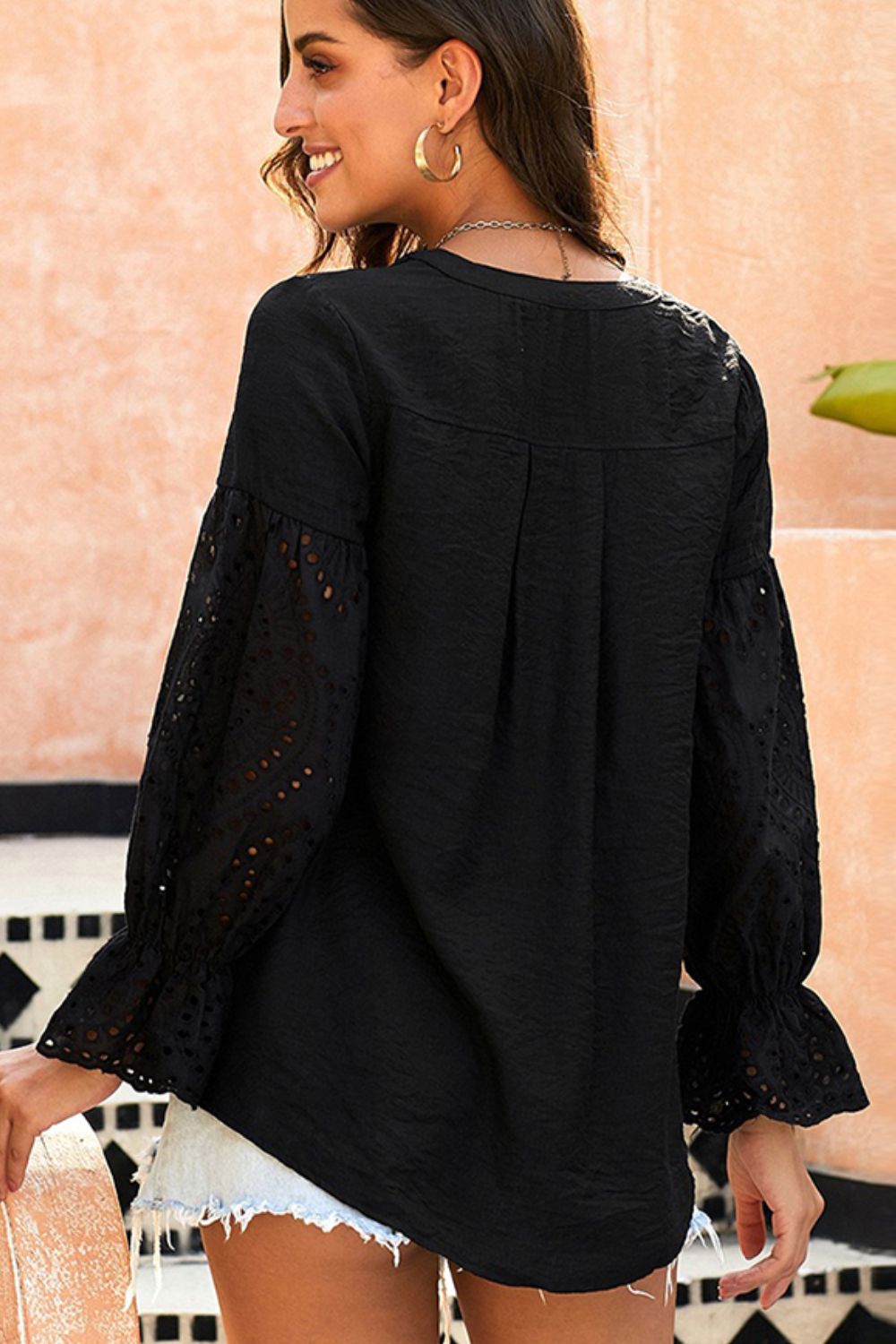 Shiny Crochet Flounce Sleeve Button Up Blouse