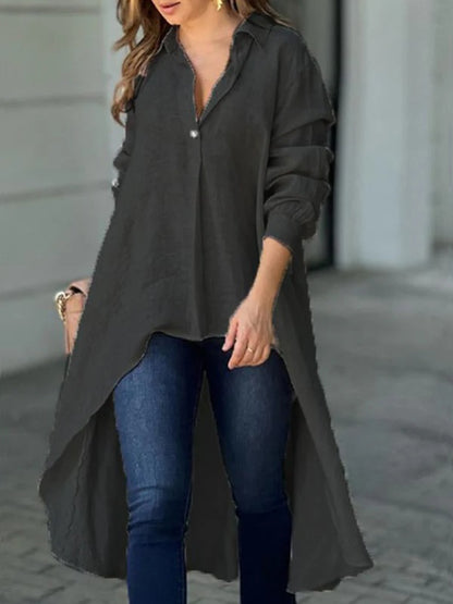 Full Size High-Low Collared Neck Long Sleeve Shirt - Shimmervee