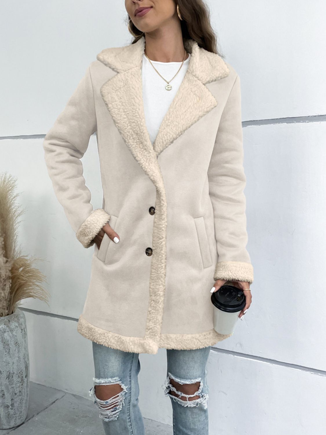 Lapel Collar Teddy Lining Longline Coat - Shimmervee