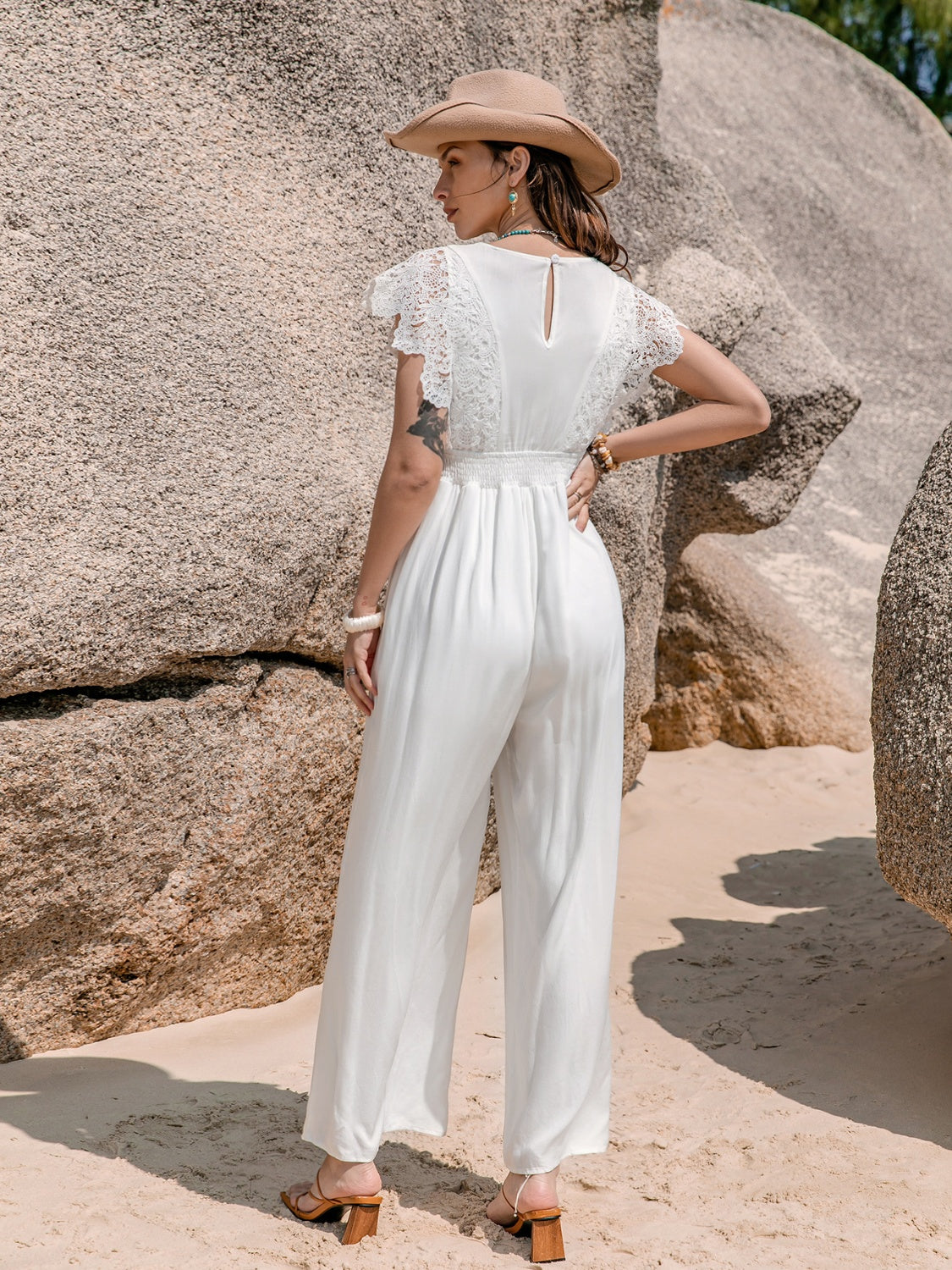 Lace Detail Plunge Cap Sleeve Jumpsuit - Shimmervee