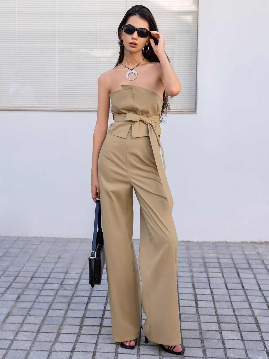 Strapless Tie Waist Jumpsuit - Shimmervee