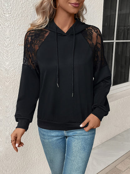 Perfee Lace Detail Drawstring Long Sleeve Hoodie - Shimmervee