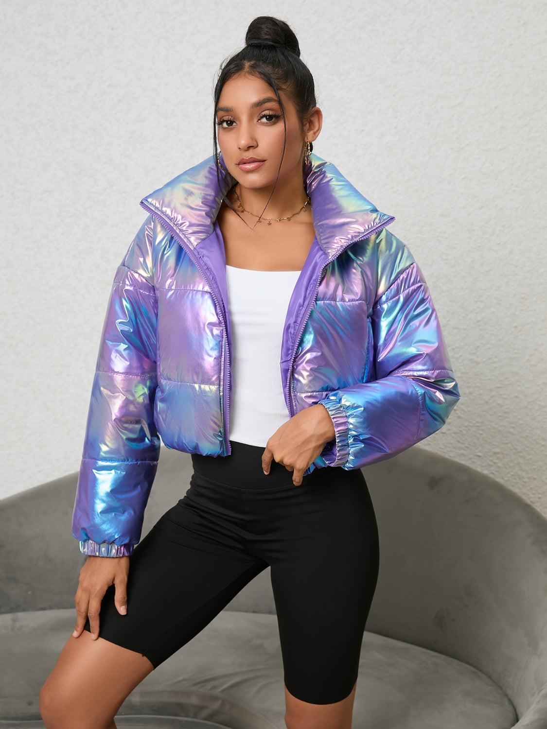 Gradient Zip-Up Collared Puffer Jacket - Shimmervee