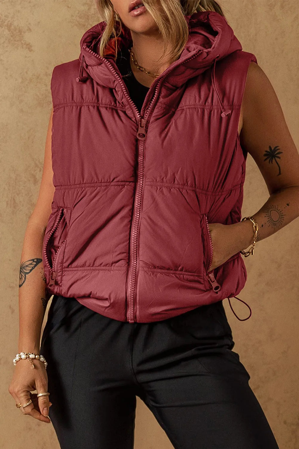 Drawstring Zip Up Vest Coat - Shimmervee