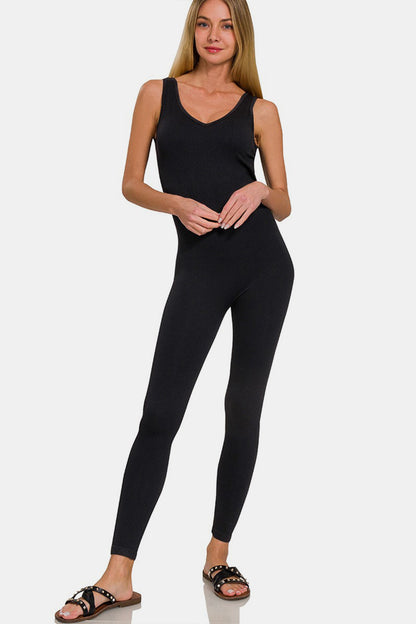 Zenana Ribbed Bra Padded Sports Seamless Jumpsuit - Shimmervee