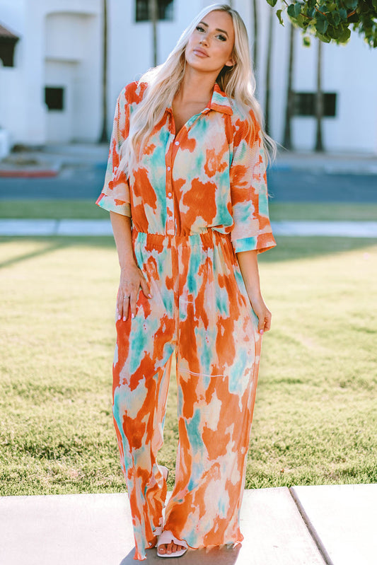 Tie-Dye Collared Wide Leg Jumpsuit - Shimmervee