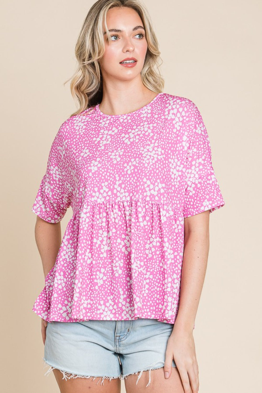 BOMBOM Floral Round Neck Peplum Blouse - Shimmervee