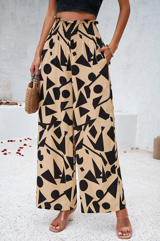 Devine Smocked Printed Wide Leg Pants with Pockets