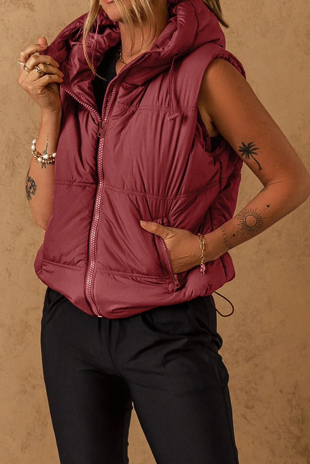 Drawstring Zip Up Vest Coat - Shimmervee