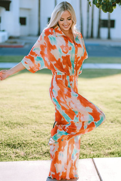 Tie-Dye Collared Wide Leg Jumpsuit - Shimmervee