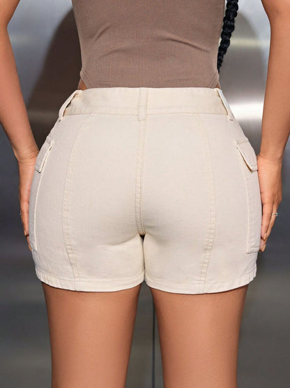 Mid-Rise Waist Denim Shorts with Pockets