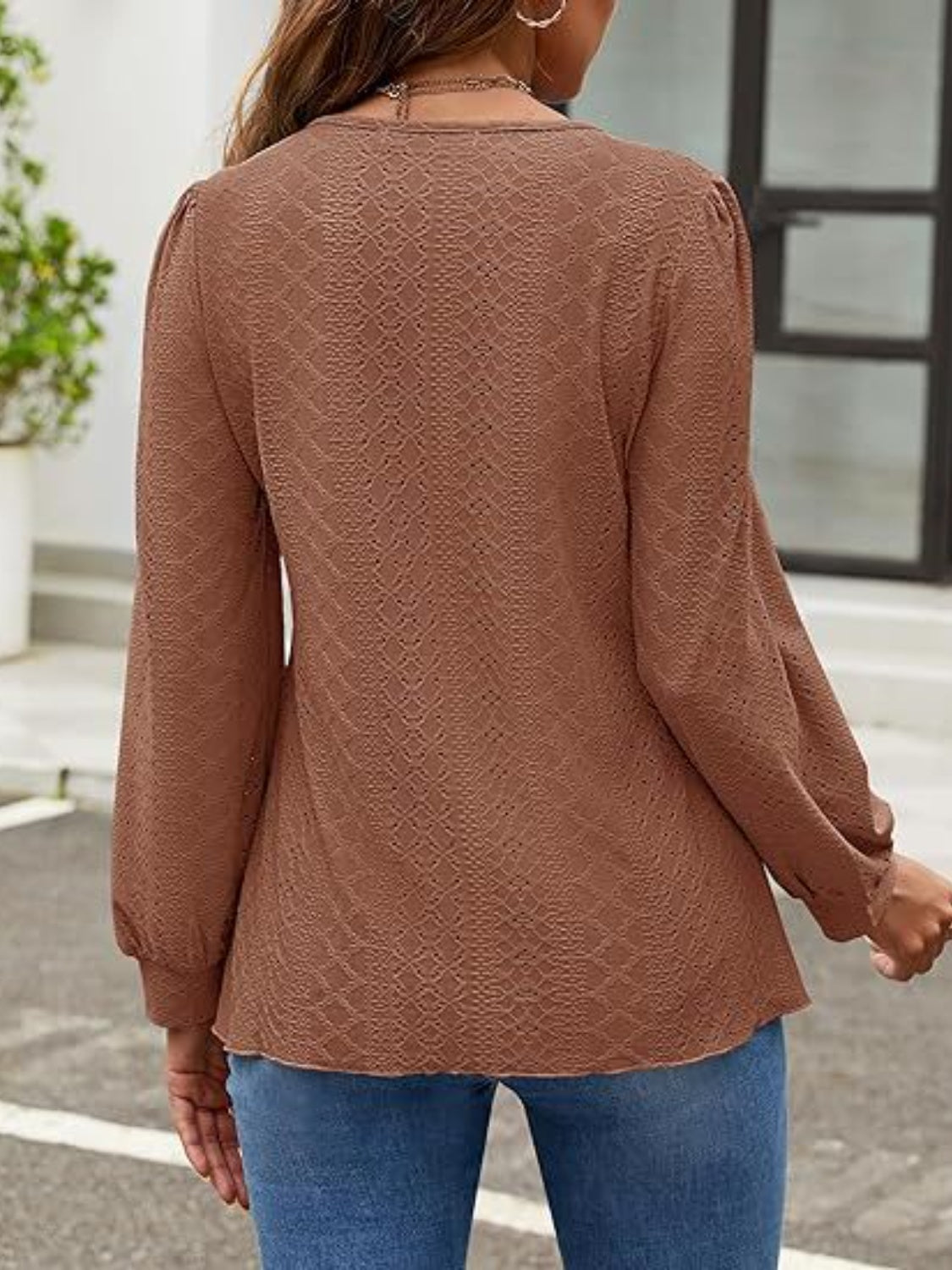 Eyelet Round Neck Long Sleeve Top - Shimmervee