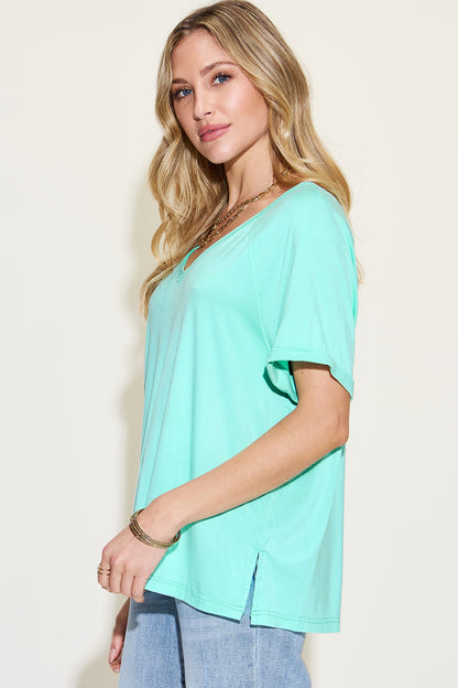 Basic Bae Full Size Bamboo Slit V-Neck Short Sleeve T-Shirt