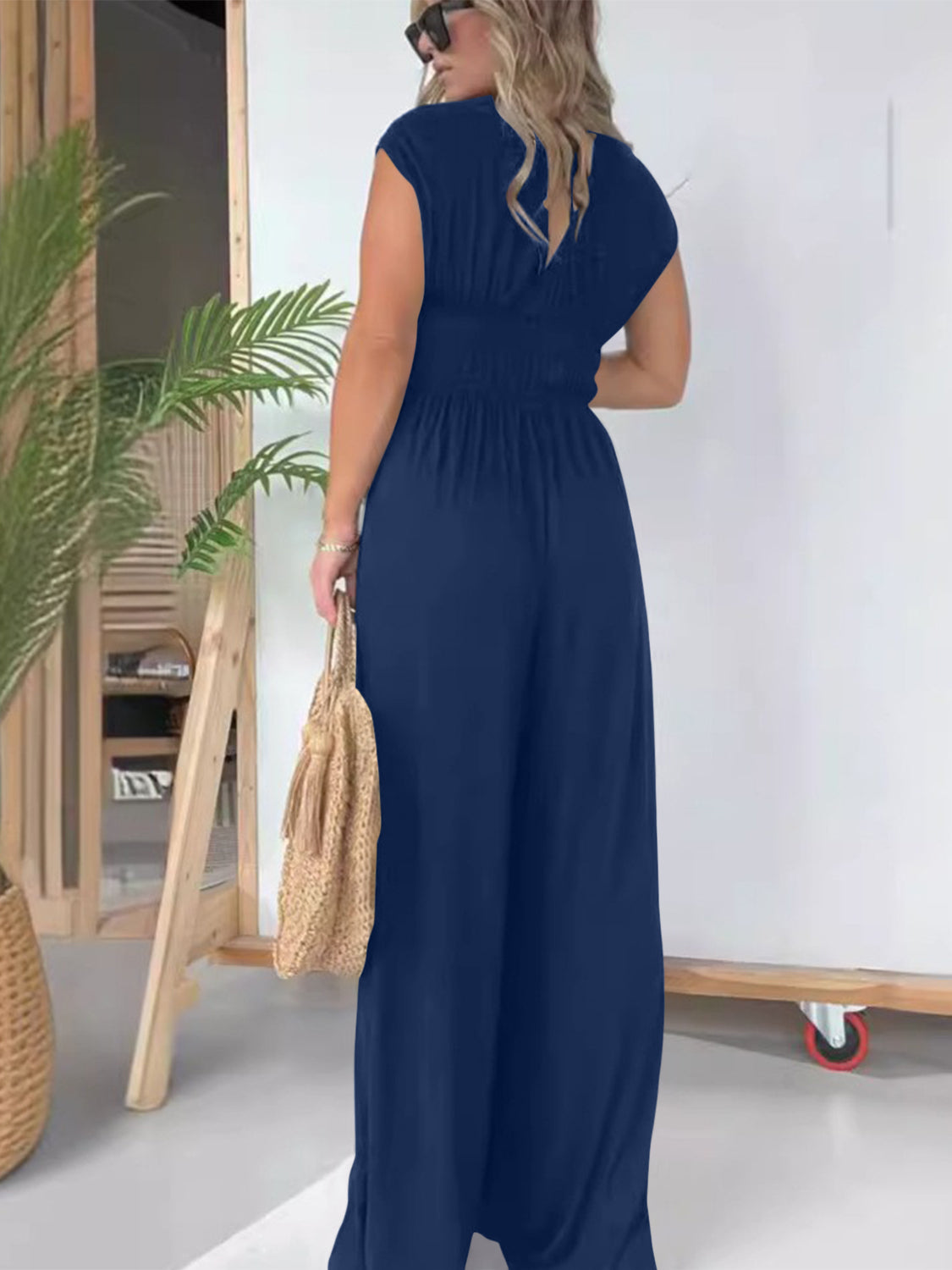 Smocked Cap Sleeve Wide Leg Jumpsuit