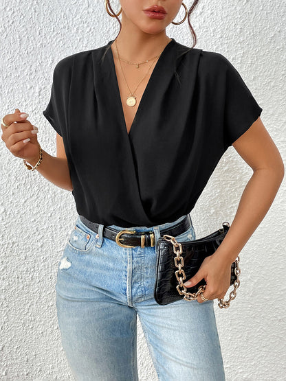 Perfee Surplice Short Sleeve Ruched Bodysuit - Shimmervee